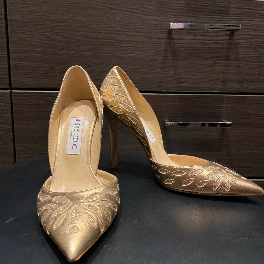 Jimmy Choo Gold Embroidered Women's Heels